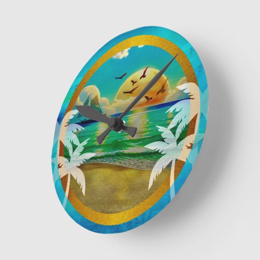 トロピカルモダンビーチパームツリーズサンセットバケーション ラウンド壁時計 (傾斜)