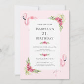 トロピカルモダンフローラフラミンゴ誕生日パーティー 招待状 (正面)