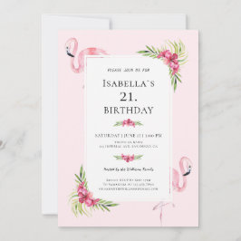トロピカルモダンフローラフラミンゴ誕生日パーティー 招待状