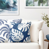 トロピカルモダンブルーホワートパ葉ーム クッション