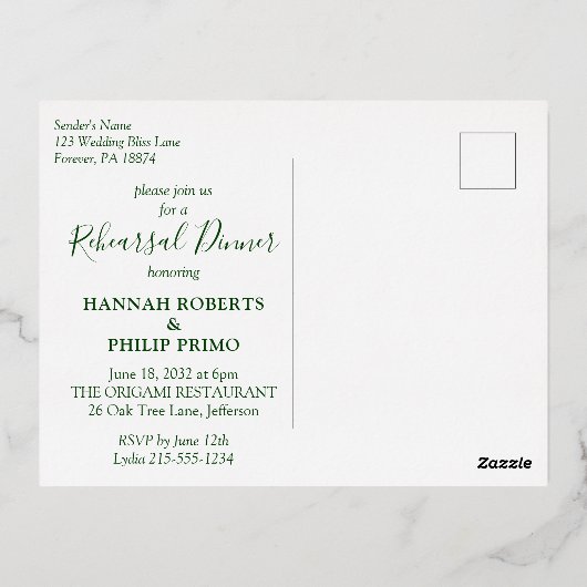 トロピカルモダンリハーサルディナー金ゴールド 箔招待状ポストカード (裏面)