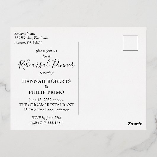 トロピカルモダンリハーサルディナー金ゴールド 箔招待状ポストカード (裏面)