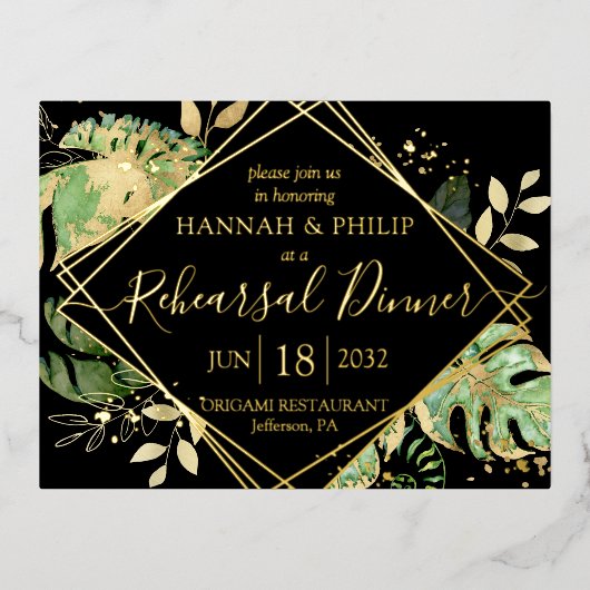 トロピカルモダンリハーサルディナー金ゴールド 箔招待状ポストカード (正面)