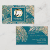 トロピカルモダン金ゴールドティール（緑がかった色）ブルーパームツリーリーフロゴ 名刺 (正面/裏面)