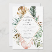 トロピカルモダン金ゴールドパームグリーナリーフローラ赤面 招待状 (正面)