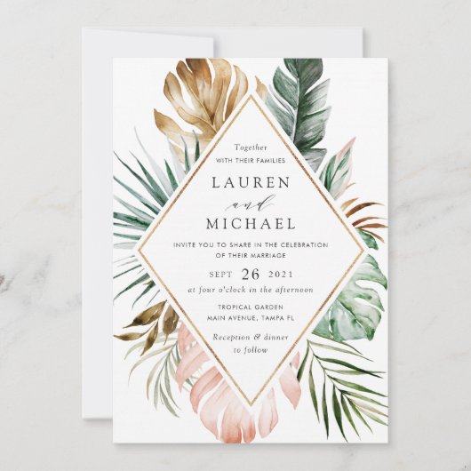 トロピカルモダン金ゴールドパームグリーナリーフローラ赤面 招待状 (正面)