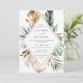 トロピカルモダン金ゴールドパームグリーナリーフローラ赤面 招待状 (スタンド正面)