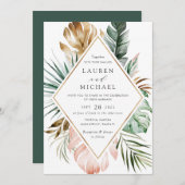 トロピカルモダン金ゴールドパームグリーナリーフローラ赤面 招待状 (正面/裏面)