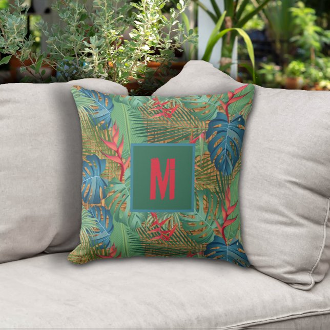 トロピカルモノグラムのフローラオンウィッカープリント アウトドアクッション (Monogrammed Tropical Floral on Wicker Print Outdoor Pillow - 2 sizes)