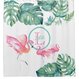 トロピカルモノグラムピンクフラミンゴバスルーム シャワーカーテン