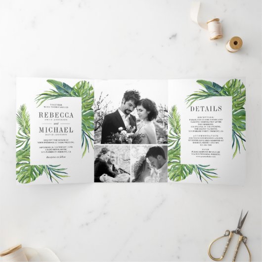 トロピカルモンスターラパーム写真コラージュウェディング 三つ折り招待状 (内部)