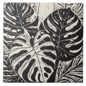 トロピカルモンステラのアート白黒 タイル (正面)