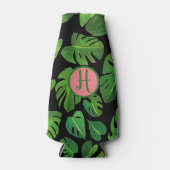 トロピカルモンステラウォーターカラーグリーンカスタムイニシャル ボトルクーラー (正面)