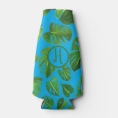 トロピカルモンステラウォーターカラーグリーンカスタムイニシャル ボトルクーラー (正面)