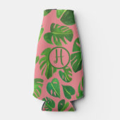 トロピカルモンステラウォーターカラーグリーンカスタムイニシャル ボトルクーラー (正面)