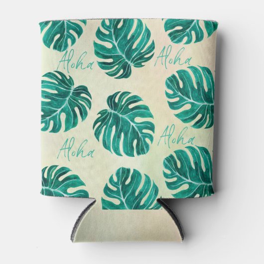 トロピカルモンステラエメラルドグリーン葉パームアロハ 缶クーラー (正面)