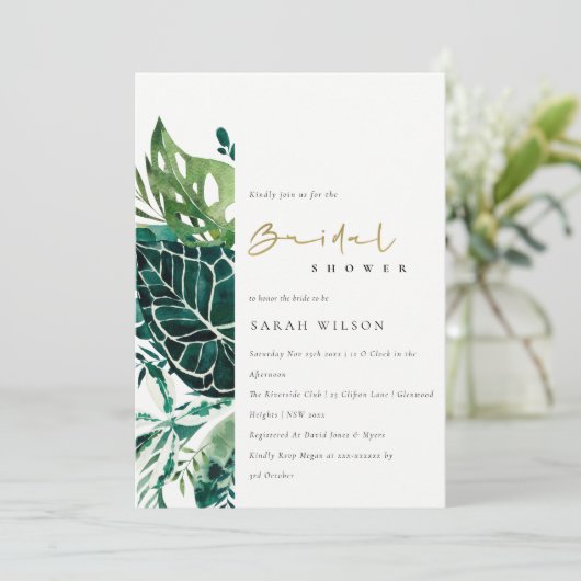 トロピカルモンステラグリーンファウナーズブライダルシャワー招待状 サンキューカード (スタンド正面)