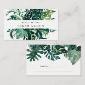 トロピカルモンステラグリーンファーンズリーフブライダルシャワー プレイスカード (正面/裏面)