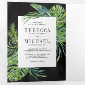 トロピカルモンステラパーム写真コラージブラック結婚ズ 三つ折り招待状 (内部最初)