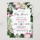 トロピカルモンステラプロテアフラワーピンクベビーシャワー 招待状 (正面/裏面)