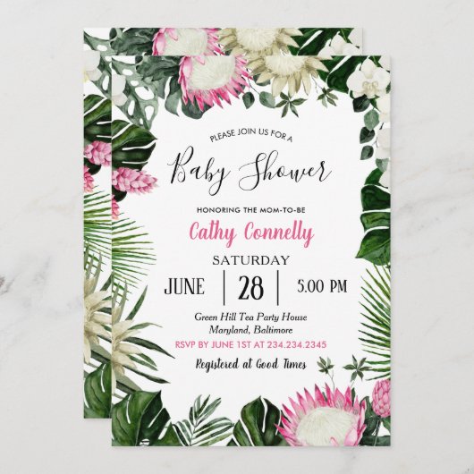 トロピカルモンステラプロテアフラワーピンクベビーシャワー 招待状 (正面/裏面)