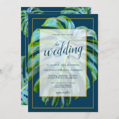 トロピカルモンステラリーフダークブルー結婚金ゴールド 招待状 (正面/裏面)