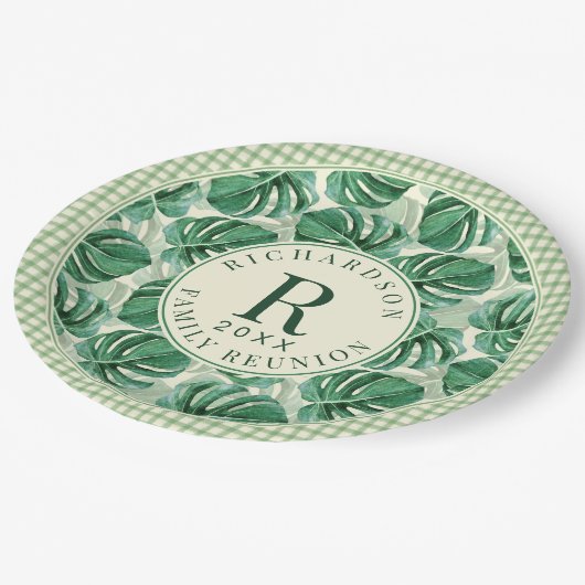 トロピカルモンステラリーフファミリー懇親会 モノグラムの ペーパープレート (アングル)