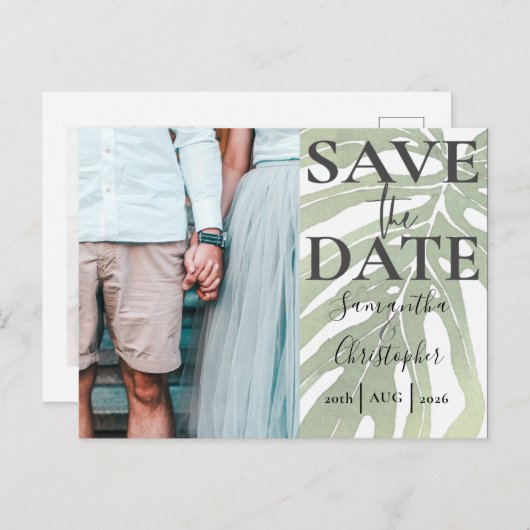 トロピカルモンステラ写真の日付を結婚保存 案内ポストカード (正面/裏面)