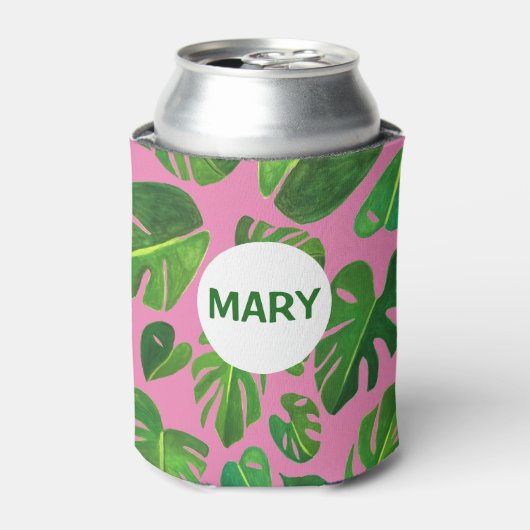 トロピカルモンステラ絵画ウォーターカラーの緑カスタム色 缶クーラー (缶正面)