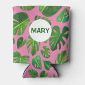 トロピカルモンステラ絵画ウォーターカラーの緑カスタム色 缶クーラー (正面)