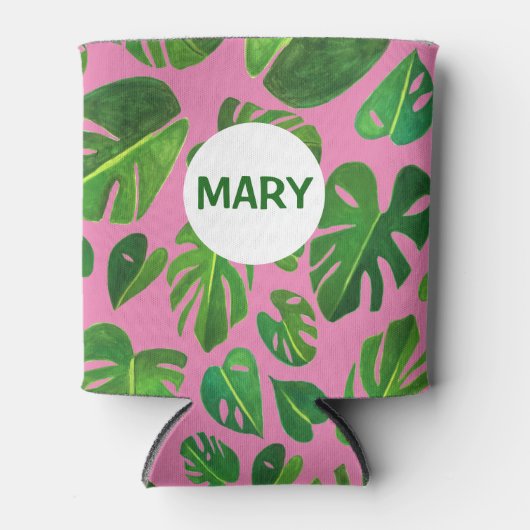 トロピカルモンステラ絵画ウォーターカラーの緑カスタム色 缶クーラー (正面)