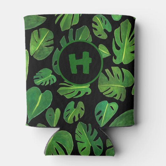 トロピカルモンステラ絵画ウォーターカラーの緑カスタム色 缶クーラー (裏面)