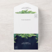 トロピカルモンステラ葉パームズ写真結婚ネイビー オールインワン招待状 (外側)