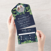 トロピカルモンステラ葉パームズ写真結婚ネイビー オールインワン招待状 (貼ってはがせる)