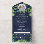 トロピカルモンステラ葉パームズ写真結婚ネイビー オールインワン招待状 (内側)