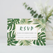 トロピカルモンステラ葉、パームグリーンウェディングRSVP 出欠カード (スタンド正面)