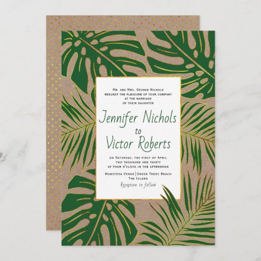 トロピカルモンステラ葉、パーム紙結婚ズ 招待状 (正面/裏面)
