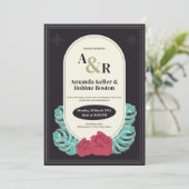 トロピカルモンステラ&バラ結婚式招待状 招待状 (スタンド正面)