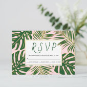トロピカルモンステラ、パーム葉スピンクウェディングRSVP 出欠カード (スタンド正面)