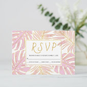 トロピカルモンステラ、パーム葉スピンクウェディングRSVP 出欠カード (スタンド正面)