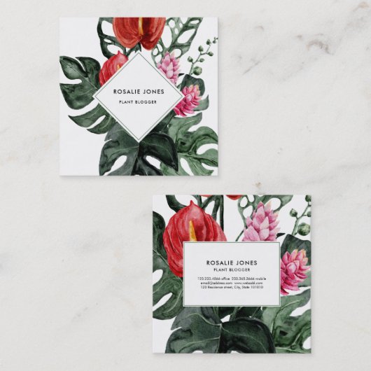 トロピカルモンステ葉ラズウォーターカラーフラワーズスクアー スクエア名刺 (正面/裏面)