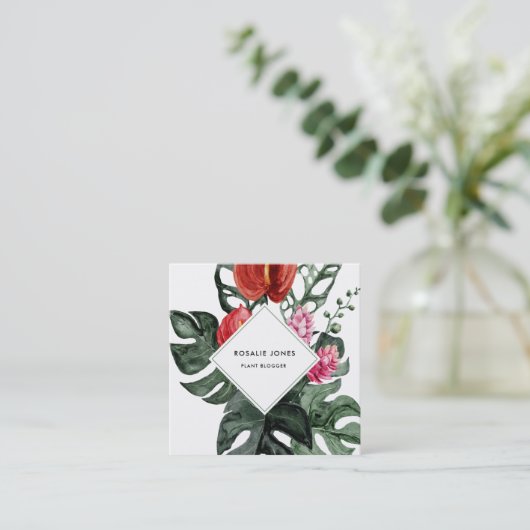 トロピカルモンステ葉ラズウォーターカラーフラワーズスクアー スクエア名刺 (スタンド正面)