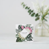 トロピカルモンステ葉ラズ水彩プロテアフラワー スクエア名刺 (スタンド正面)