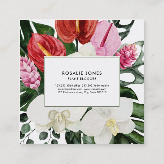 トロピカルモンステ葉ラ水色の花 スクエア名刺 (裏面)