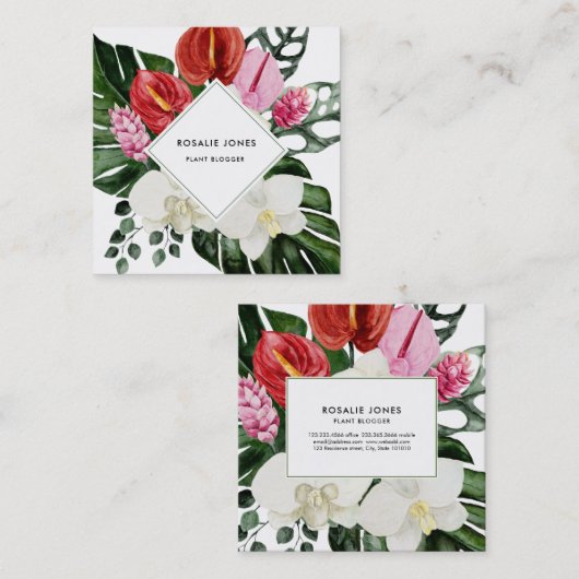 トロピカルモンステ葉ラ水色の花 スクエア名刺 (正面/裏面)