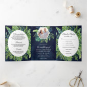 トロピカルモンステ離れラパームネイビーブルー結婚ズ 三つ折り招待状 (内部)