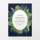 トロピカルモンステ離れラパームネイビーブルー結婚ズ 三つ折り招待状 (カバー)