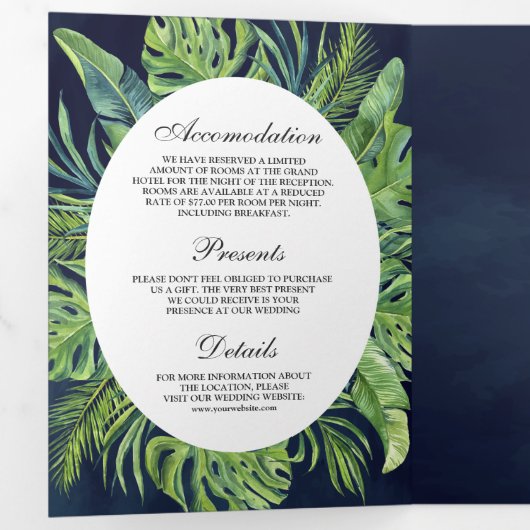 トロピカルモンステ離れラパームネイビーブルー結婚ズ 三つ折り招待状 (内部最初)