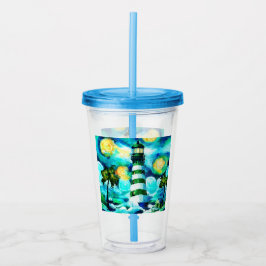 トロピカルライトハウス&パームツリーズグリーンブルーティール(緑がかった色) アクリルタンブラー