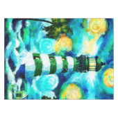 トロピカルライトハウス&パームツリーズグリーンブルーティール(緑がかった色) テーブルクロス (正面(横))